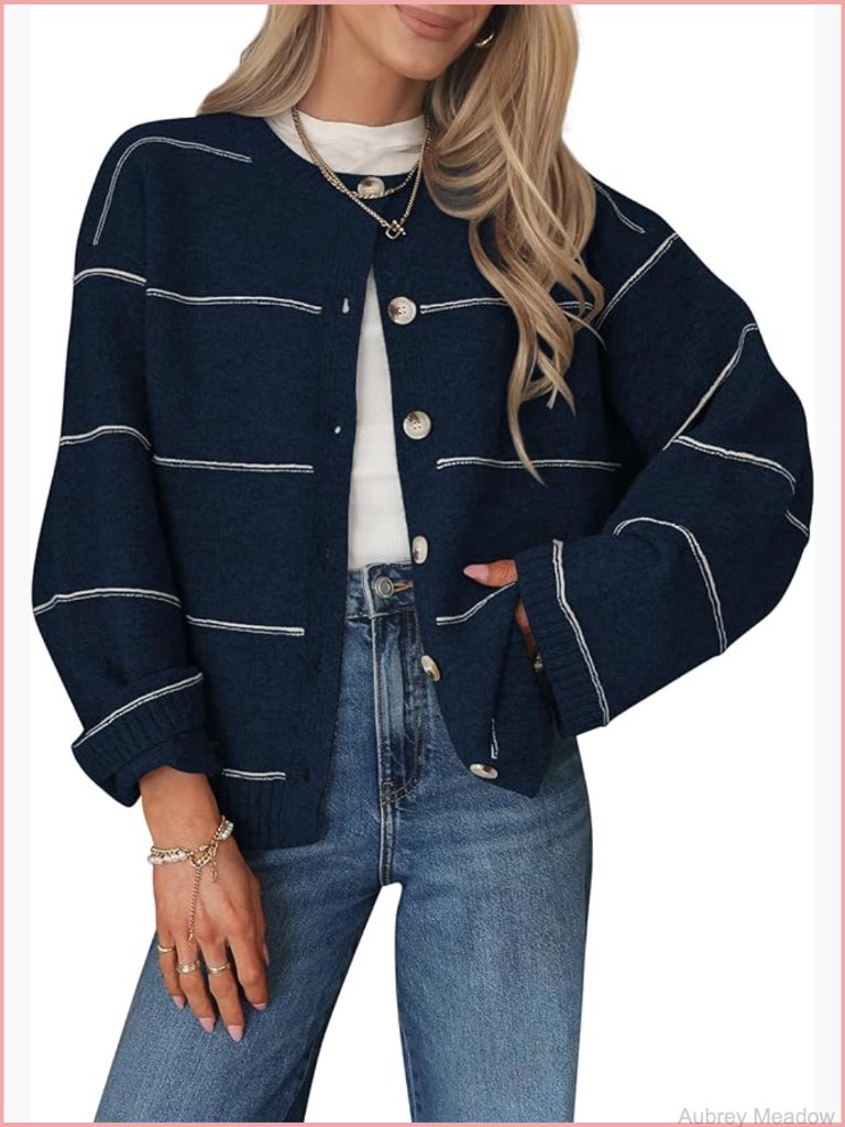 Striped Cardigan Sweater Long Sleeve Crewneck Button Up Knit Fall Winter Layer
